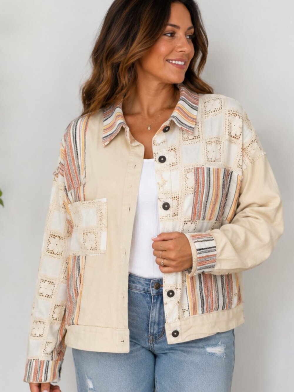 POL Patchwork Denim Jacket L Mixed Media Crochet Striped Boho Shacket NWOT